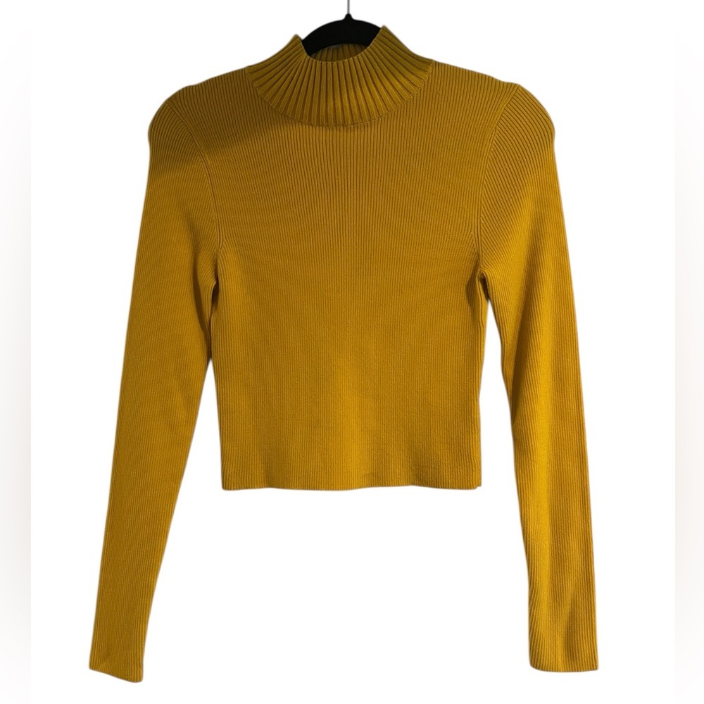 Alice + Olivia Senaida Cropped Mock Neck Jewel Tone Yellow Ribbed Sweater- Sz M